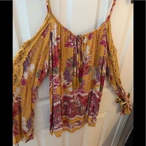 Blue Rain Mustard cranberry red open shoulder top